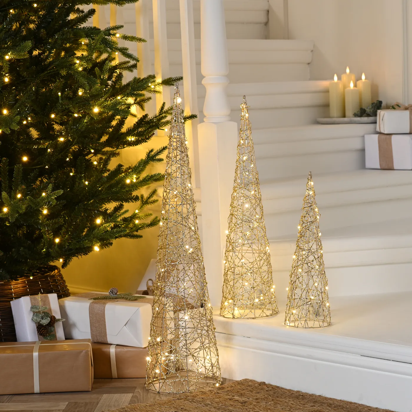 Set of 3 Gold Shimmer Cone Christmas Trees with 90 Warm White LEDs