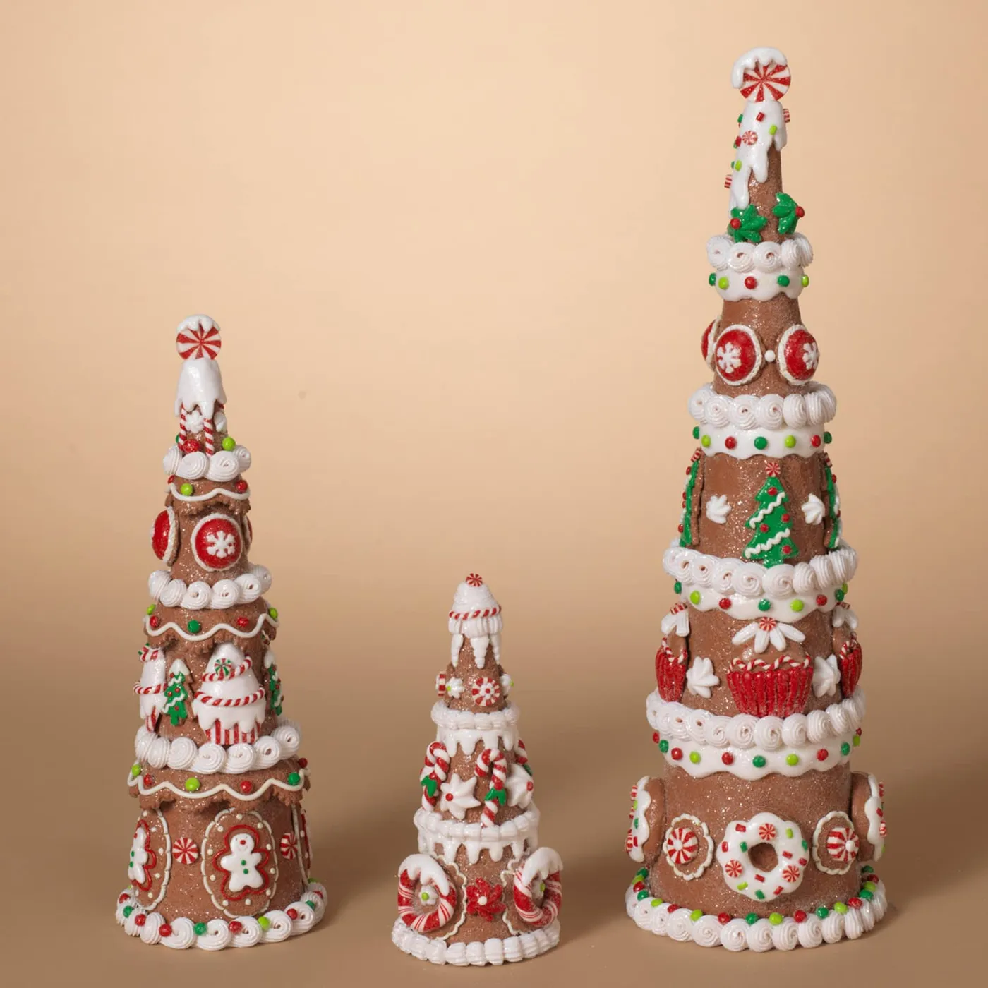 Set of 3 Large Gingerbread Cone Christmas Tree Figurines w/ Frosting a -  One Holiday Way