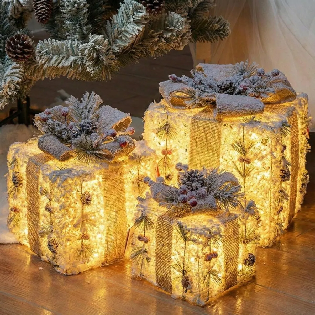 Set of 3 Lighted Christmas Gift Boxes | Pre-Lit Rustic Burlap Presents with  Flocked Pine & Berries | Warm White LED Indoor Outdoor Holiday Decor |  Kouvr