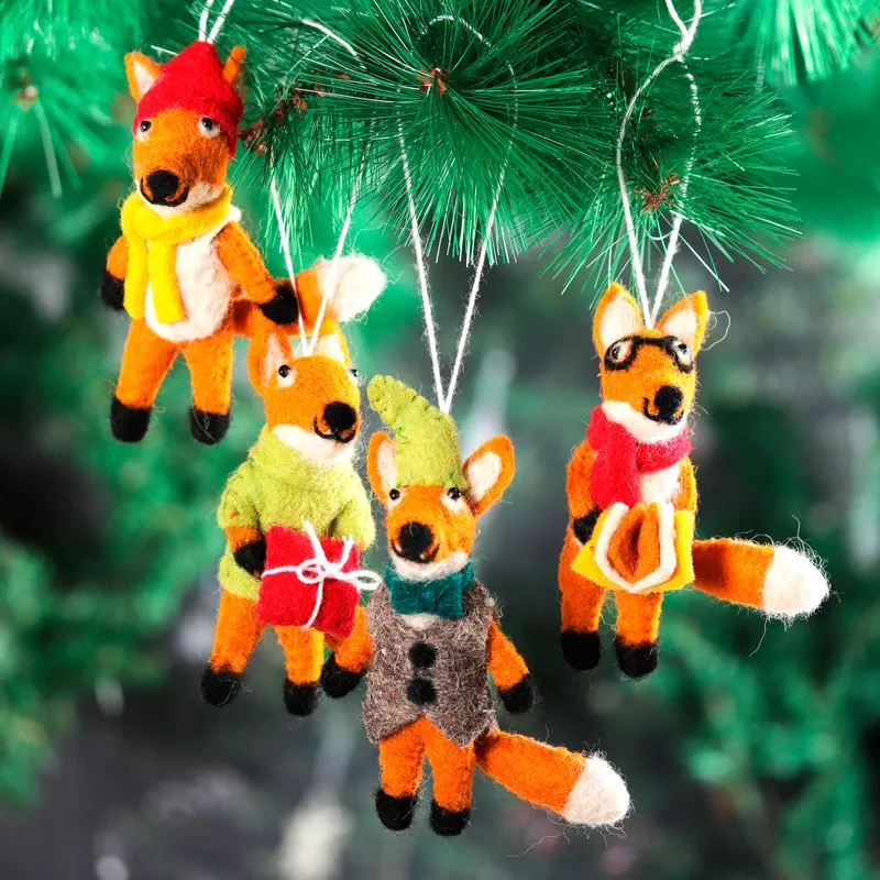 Set of 4 Handcrafted Wool Felt Fox Ornaments from India
