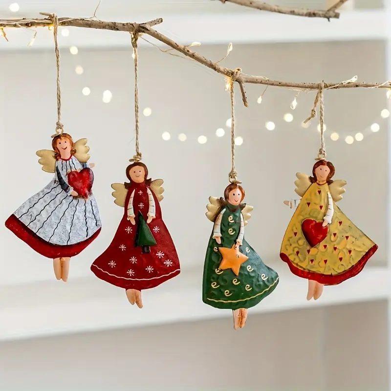 set of 4 vintage angel hanging ornaments - fantasy themed wooden christmas tree decorations, lightweight festive design, no electricity or batteries required, non-feathered vintage style decor | Che