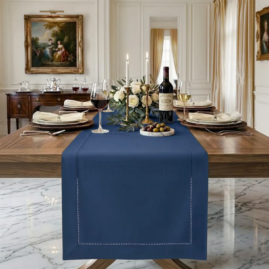 Signature Linen Navy Blue Table Runner - Hemstitch 14 x 36 Inch