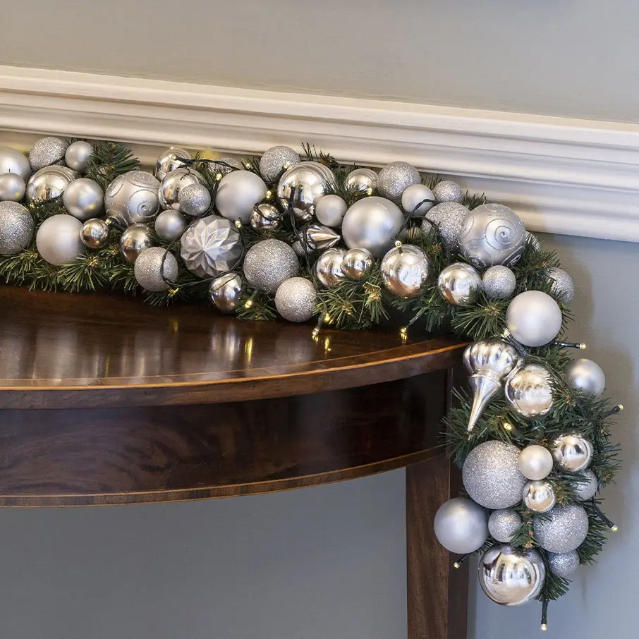 Silver Christmas Bulb Garland Silver Blue Christmas Garland, Flocked Pine  Mantle Decor