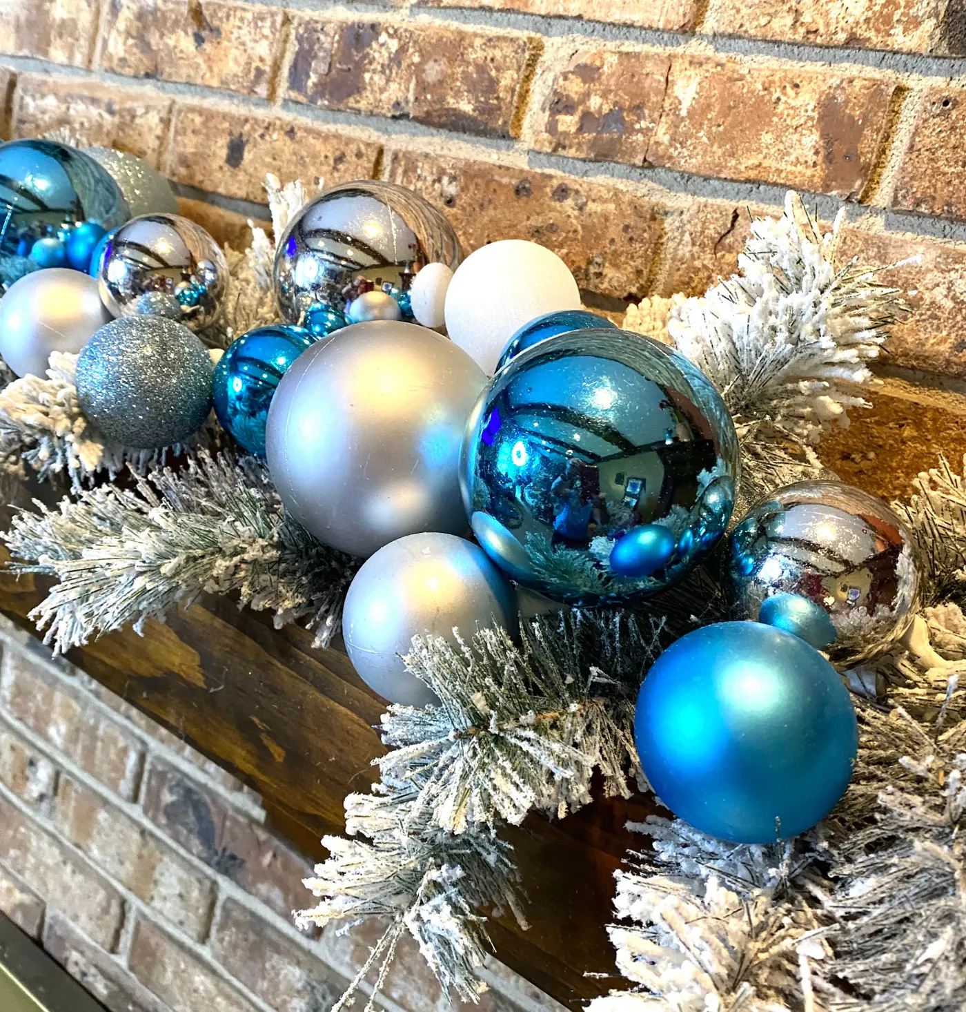 Silver Christmas Bulb Garland Silver Blue Christmas Garland, Flocked Pine  Mantle Decor