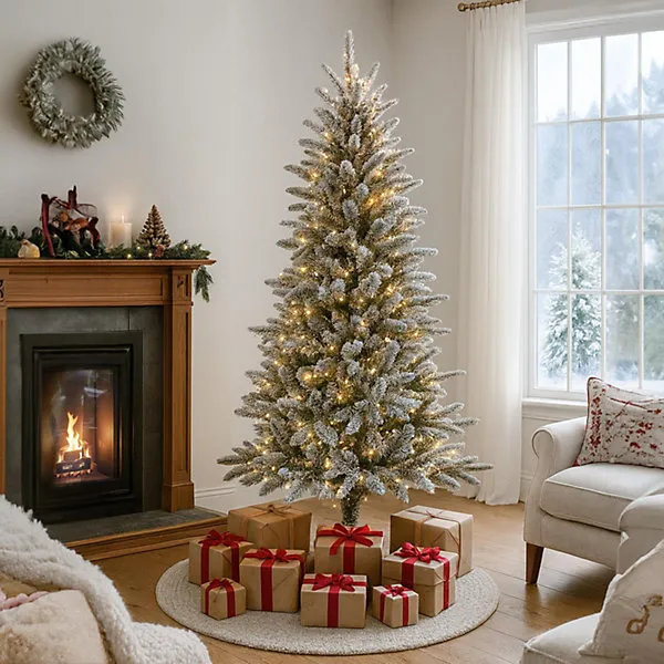 Snow Frosted Christmas Tree with Lights and Metal Stand, Realistic Branches, Easy Assembly, White-Tipped Xmas Tree