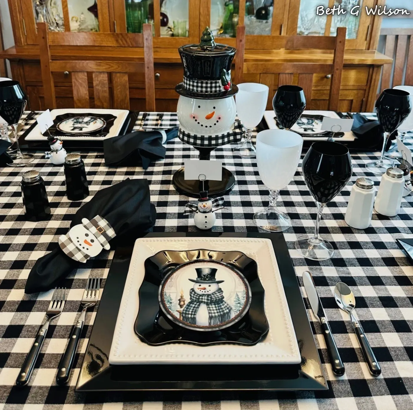 Snowmen on a Buffalo Check Winter Tablescape — Whispers of the Heart