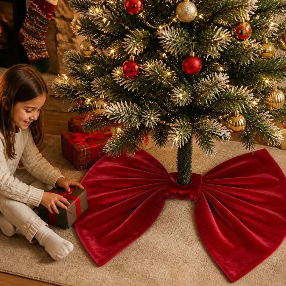 SOLOBUY Velvet Christmas Tree Skirt Red Bow Design Soft Fabric Tree Base Mat  Party Decoration 1pc Set Xmas Tree Skirt Christmas Party | Lazada Singapore