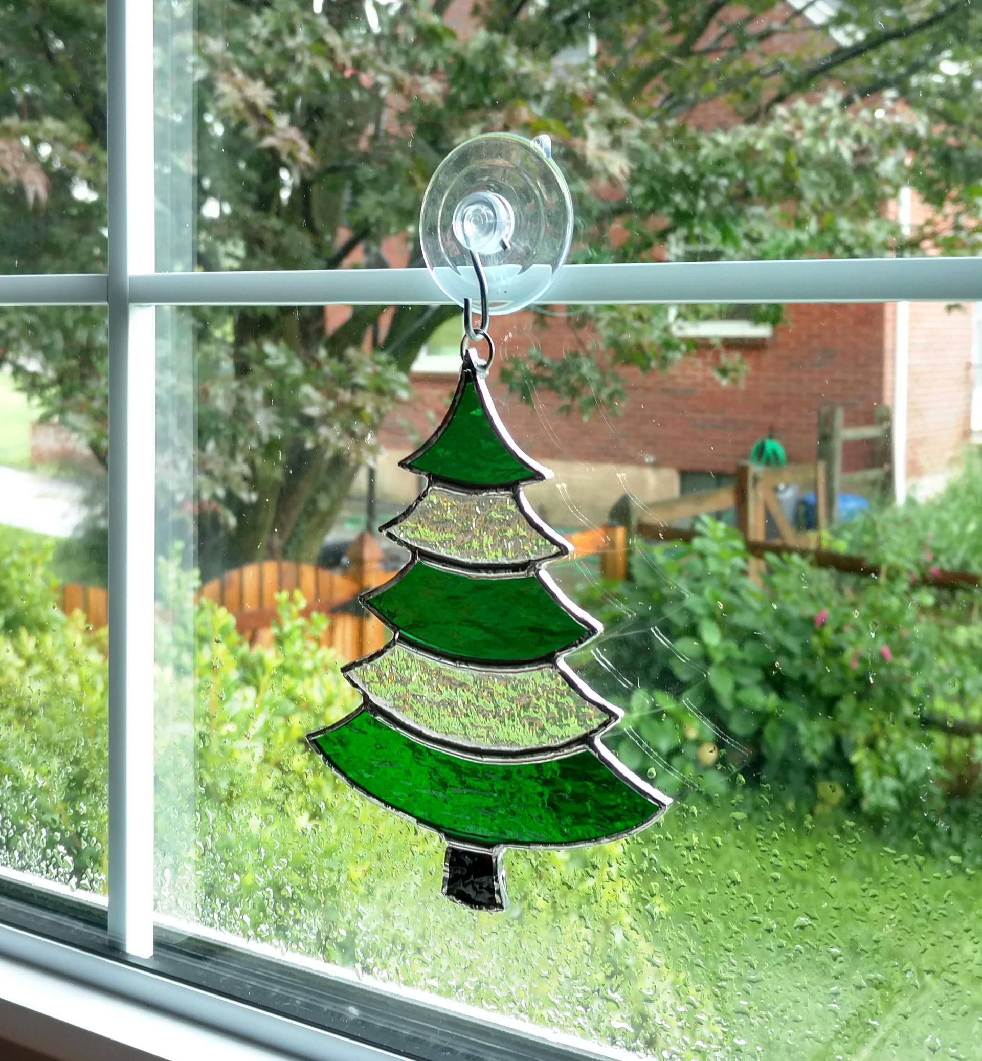 Stained Glass Christmas Tree Suncatcher, Red and Green Ornament | Stained Glass Your Way