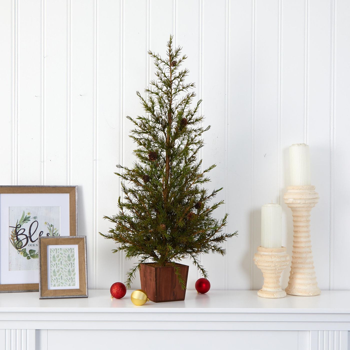 Sterling 3' Alpine “Natural Look' Artificial Christmas Tree in Wood Planter  with Pine Cones | Ashley