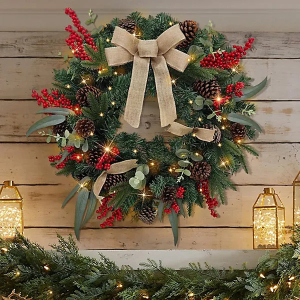 Taylor & Brown 60CM Pre-Lit Christmas Wreath, Rustic Pinecones & Berries,  Battery-Operated Lighted Wreath