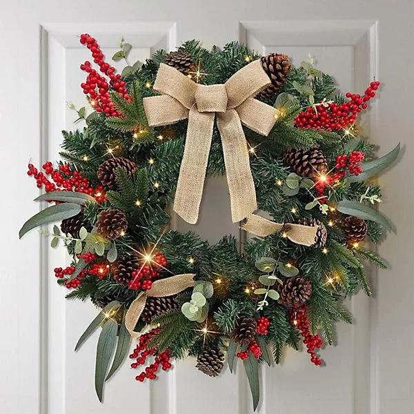 Taylor & Brown 60CM Pre-Lit Christmas Wreath, Rustic Pinecones & Berries,  Battery-Operated Lighted Wreath