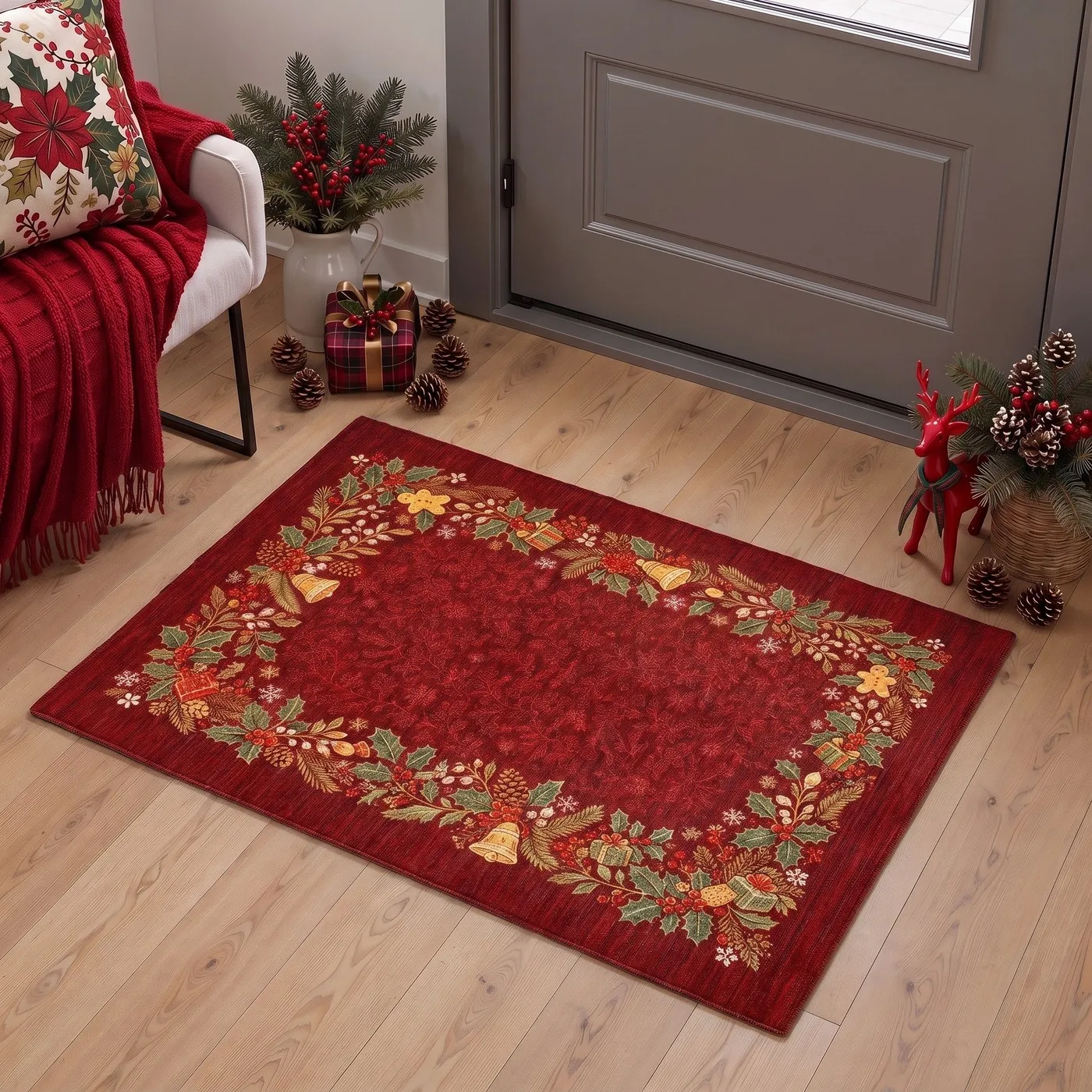 Tinsela Christmas Holly Botanical Rug - Washable & Non-Slip | GENIMO