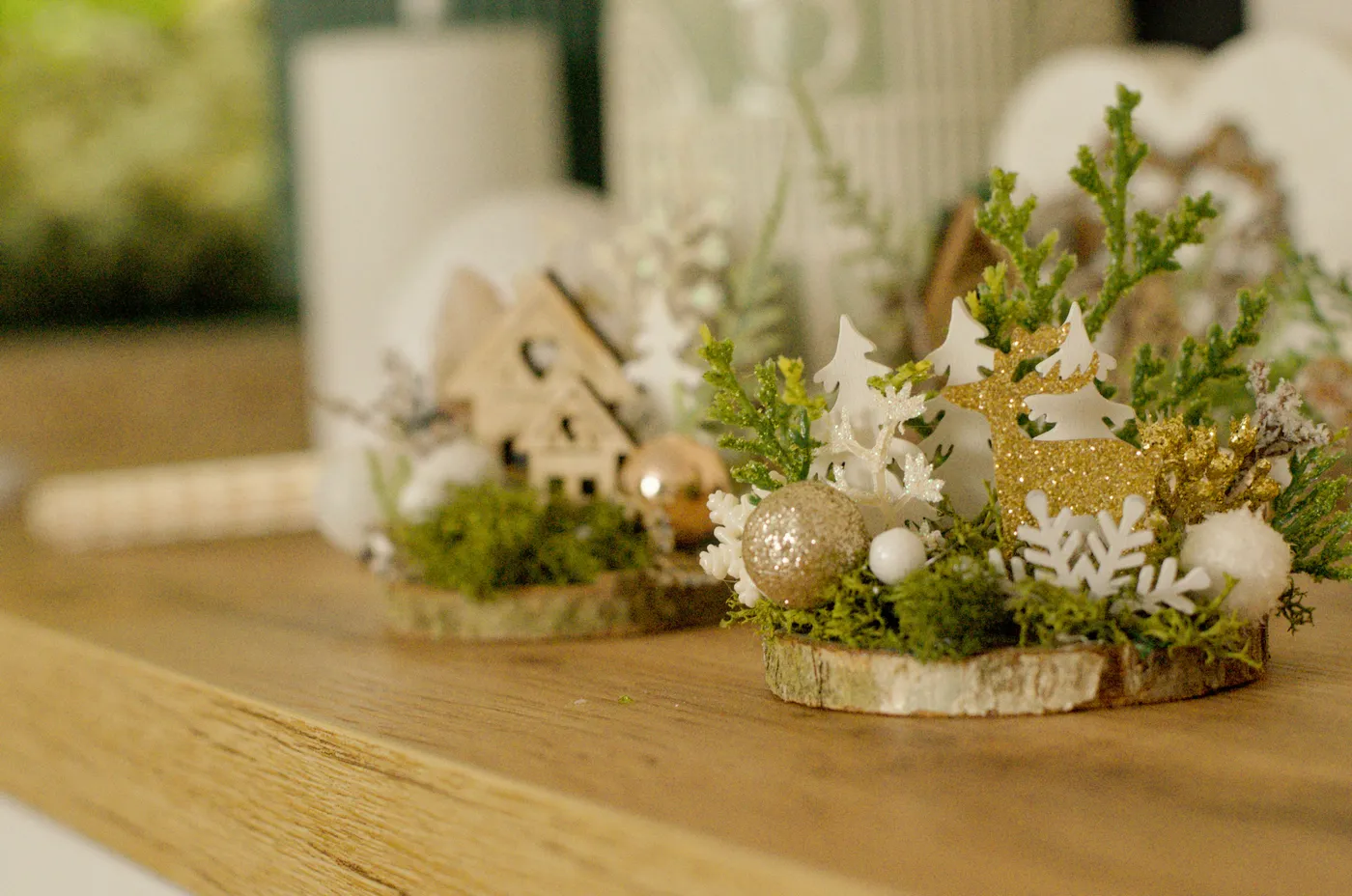 Two festive miniature winter woodland decorations
