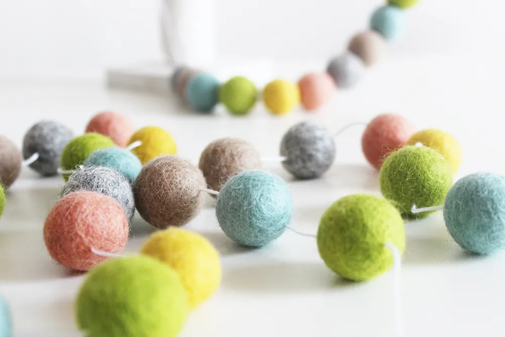 Unisex Pom Pom Garland, Feltball Garland, Cake Smash Décor - MK Kids Interiors - Award Winning Interior Design Studio