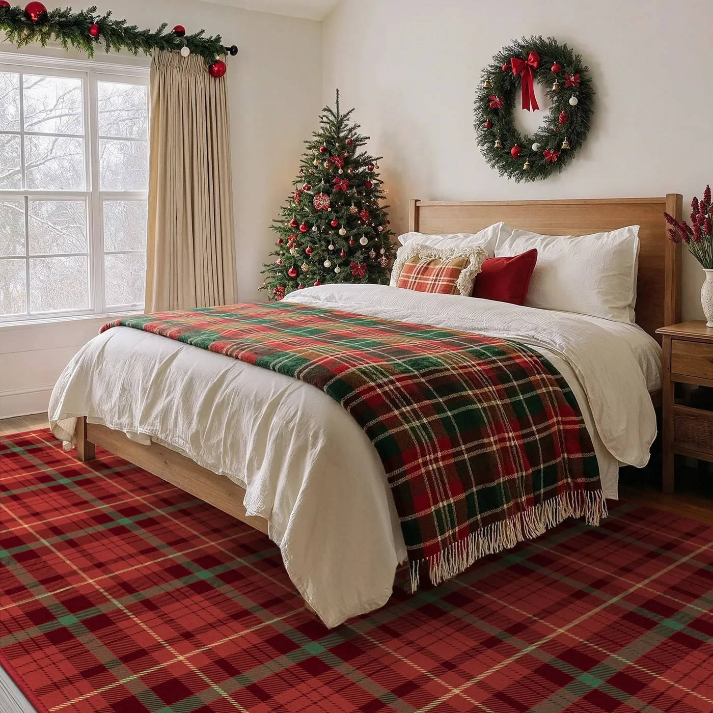 Valence Christmas Plaid Washable Rug in Red | GENIMO