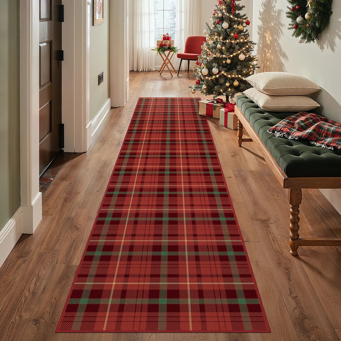 Valence Christmas Washable Classic Red Plaid Rug