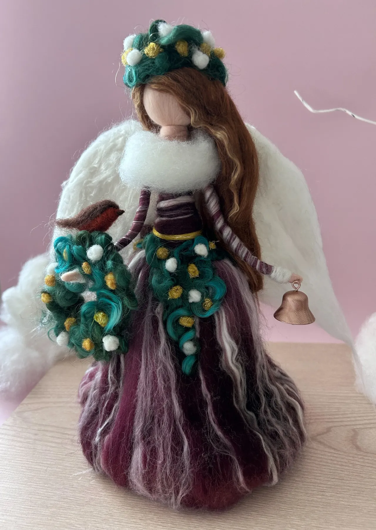 Victorian Hearthsong Angel – Burgundy Needle Felted Wool Tree Topper (10”)  with Robin, Wreath, and Bell – Vintage Inspired Handmade Christmas Angel,  Waldorf Holiday Decor — Wonderfelt Waldorf