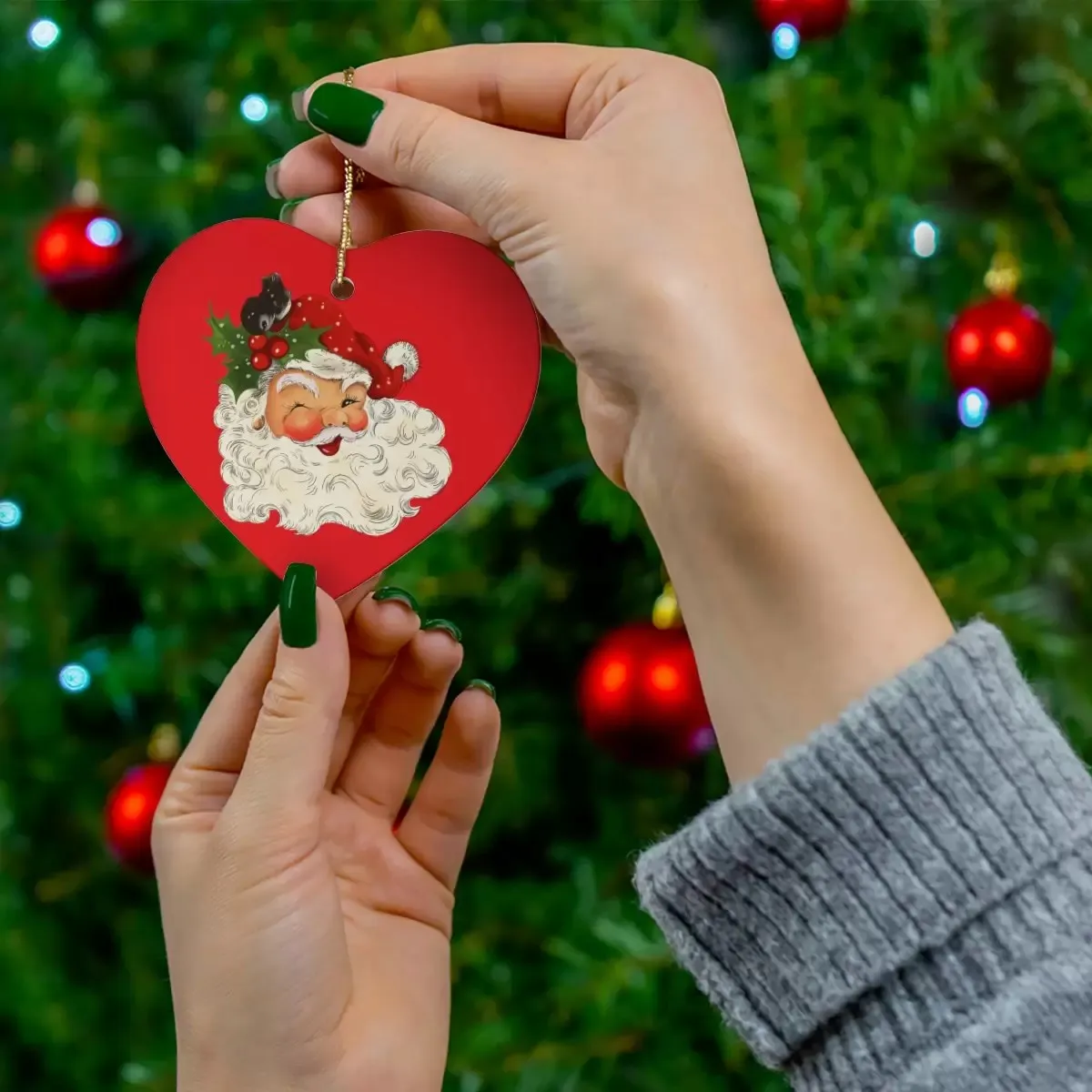 Vintage Cool Santa, Retro Santa Ceramic Christmas Ornament, Christmas Gift, Green Circle, Yellow Star, White Snowflake, Red Heart Shape Tree