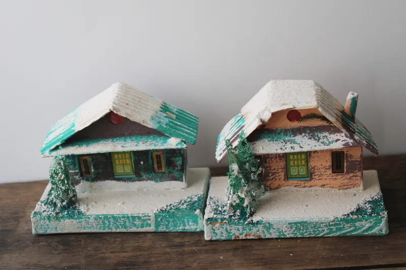 vintage Japan Christmas village putz houses, churches lot Vintage Japan Putz Cardboard Sponge Trees House Cabin