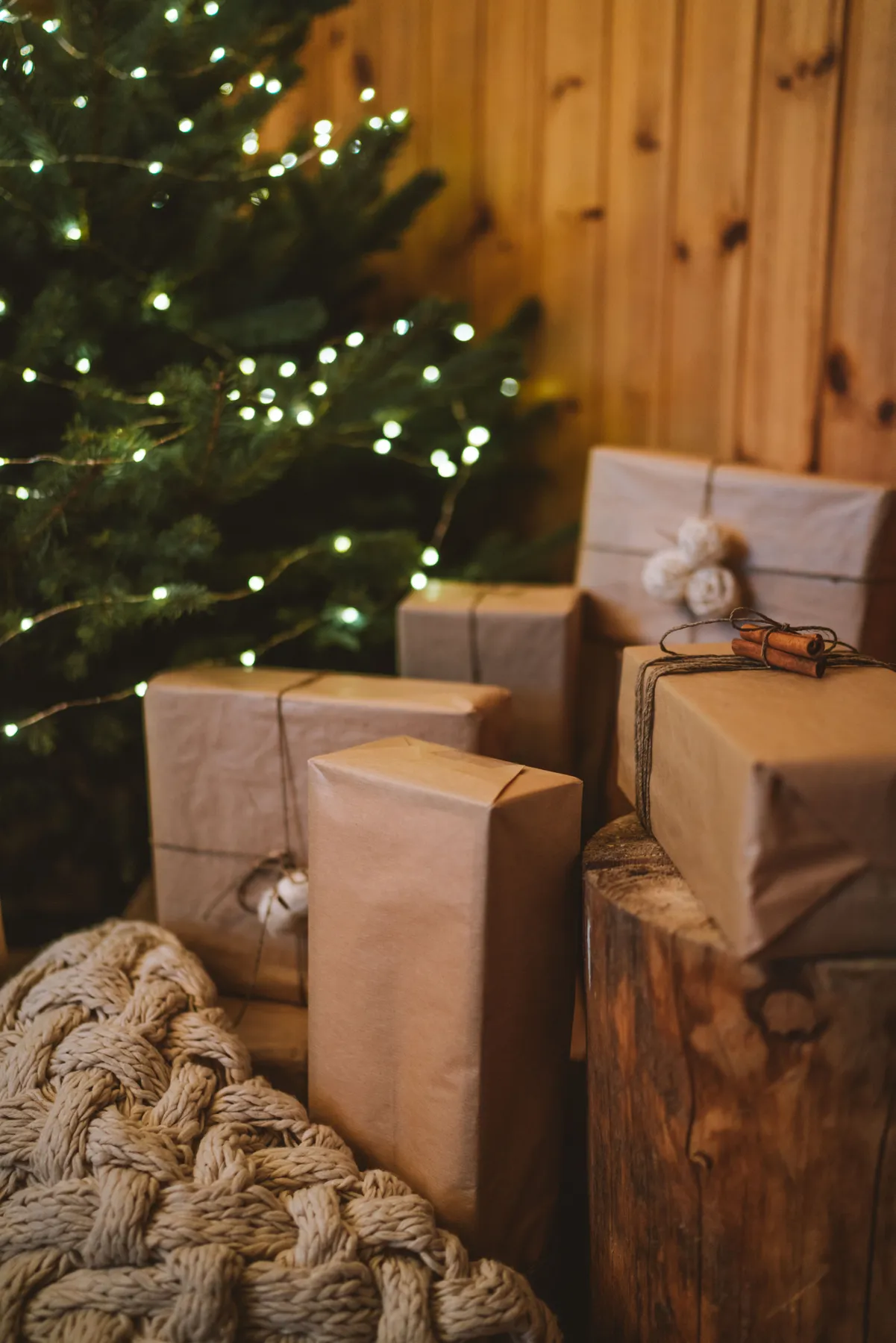 Warm indoor Christmas setting with gift boxes and lights by a decorated tree.