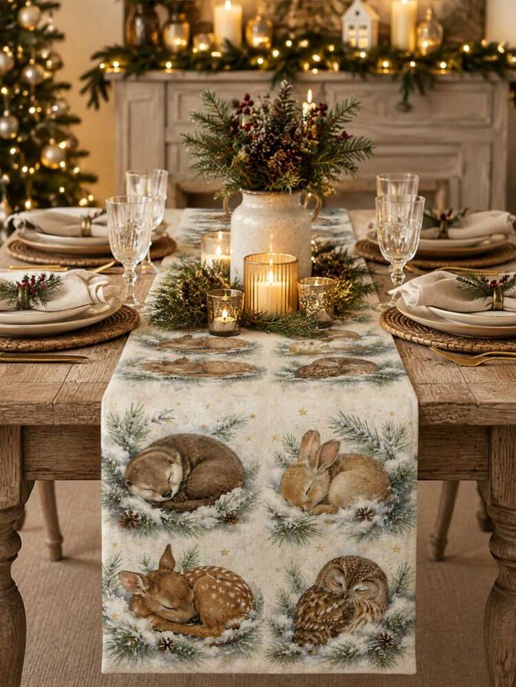 Watercolor Winter Forest Small Animals Table Runner, Throw Pillow,  Placemat, Sleeping Otter Rabbit Deer Owl Pine Branch Snow Print, Christmas  Winter ...