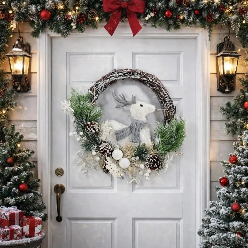 White Deer Christmas Wreath with Pinecones Greenery Snowflakes Rustic – The  Rustic Ivy