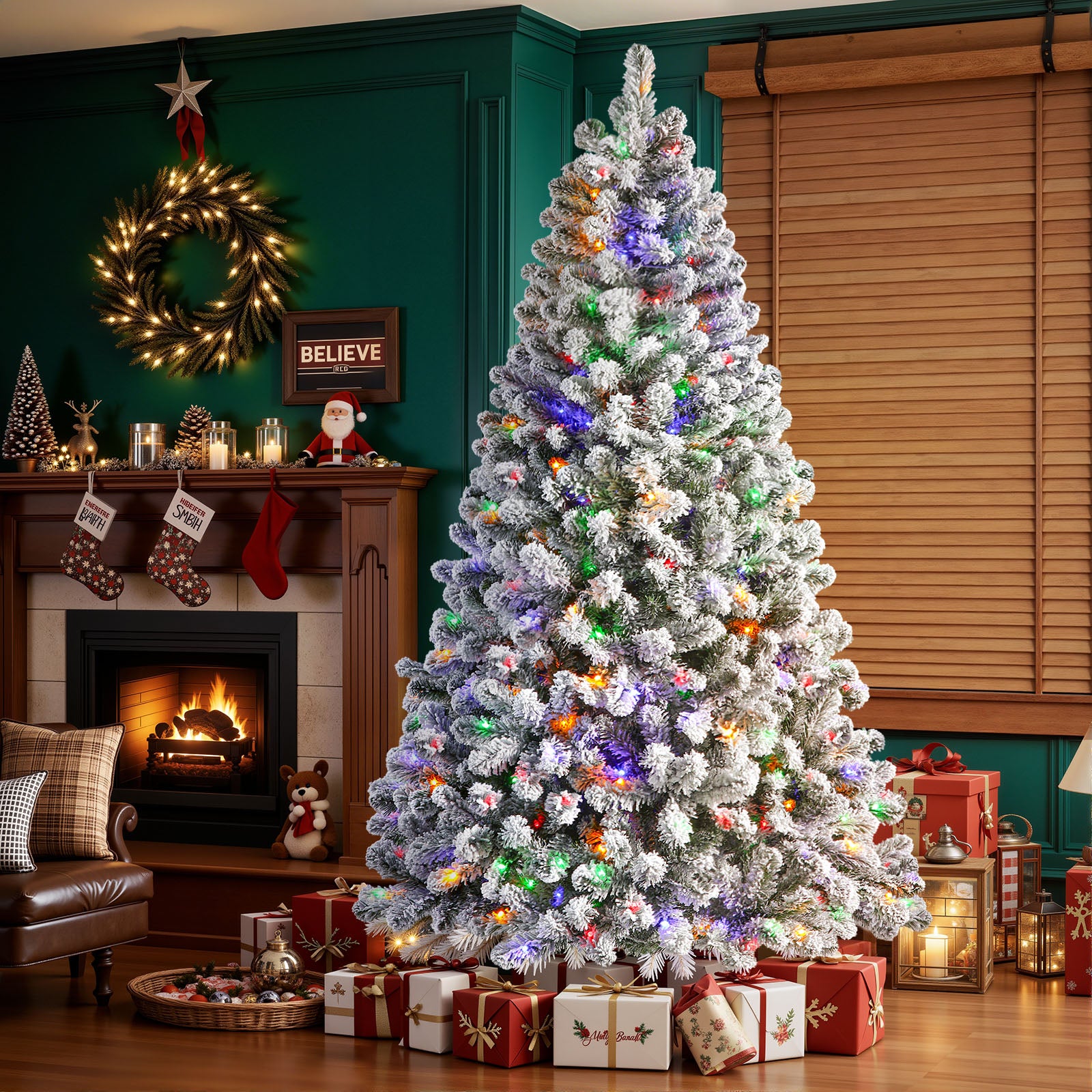 White Flocked Spruce Artificial Christmas Trees with Multi-Color Lights - Multi-Color Lights / Full / 8FT