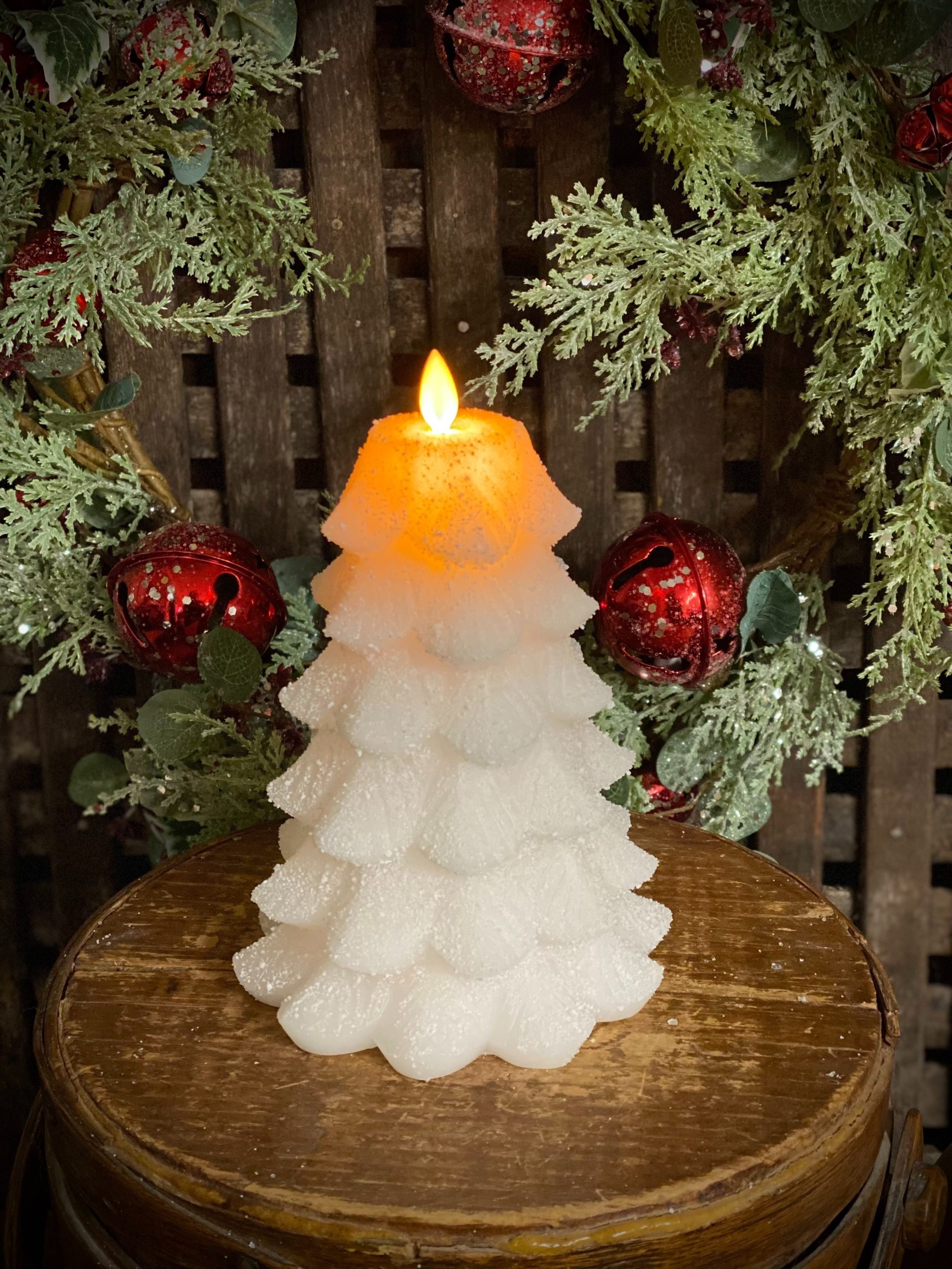 White Glitter Christmas Tree LED Moving Flame Candle – Rust & Cinder
