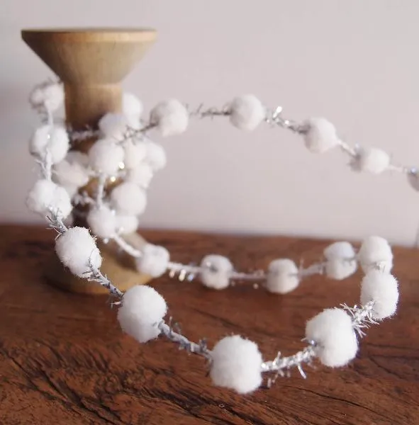 White Pom Poms with Silver Tinsel Wired String