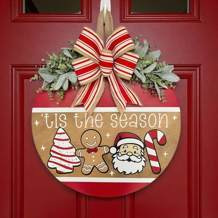 Wholesale Christmas Butterfly Bow-Trimmed Welcome Vintage-Inspired Round  Wooden Door Sign for your store - Faire