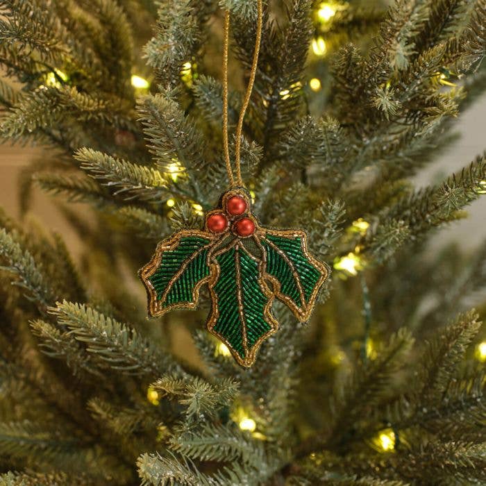 Wholesale Holly Leaves Hand Beaded Fabric Christmas Hanger for your store - Faire