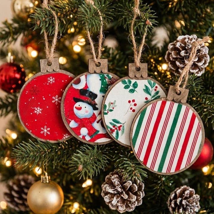 Wholesale Rustic Handmade Fabric Wood Christmas Ornaments, Double-Sided Holiday Baubles (Set of 4) for your store - Faire