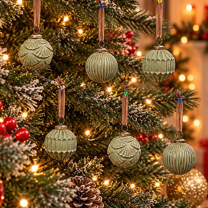Wholesale Textured Glass Christmas Tree Bauble - Set of 6 | Patina Green  for your store - Faire