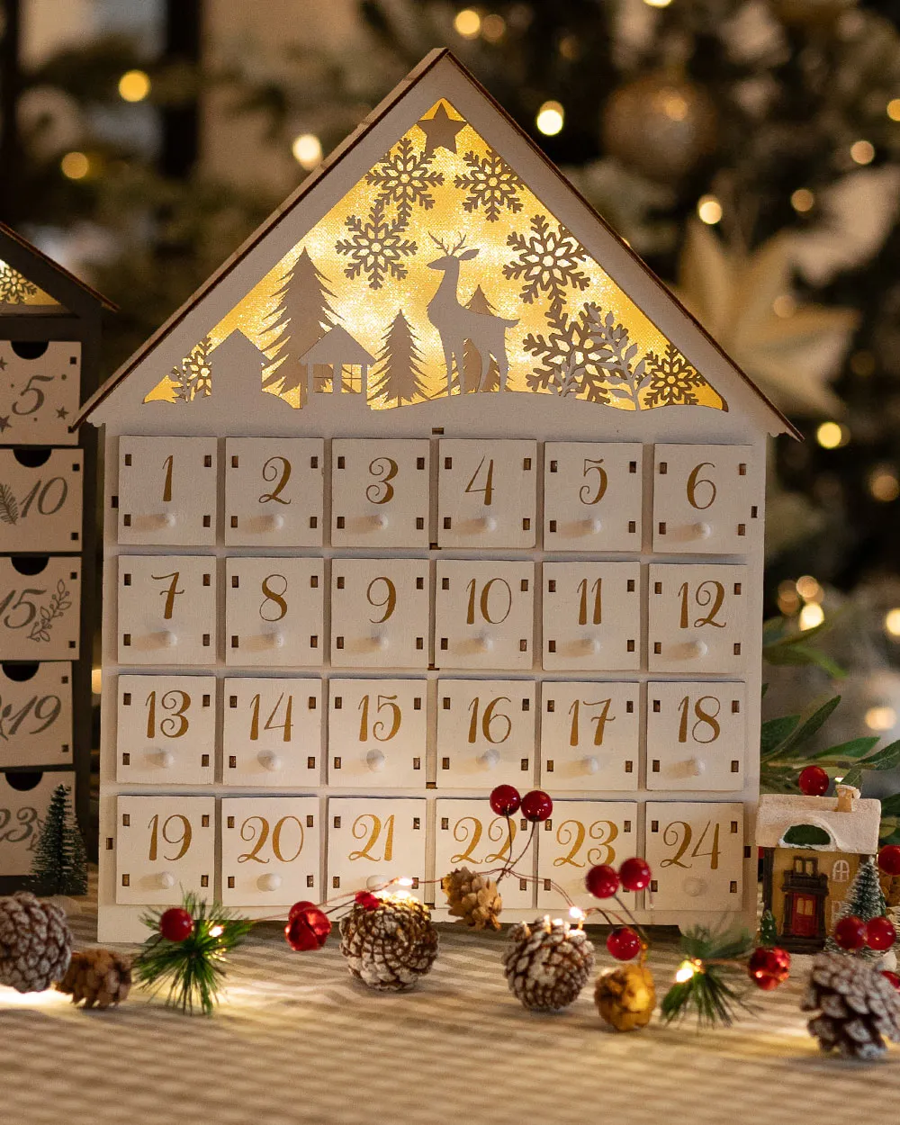 Wooden Advent Calendar LED Light Up Woodland Scene White