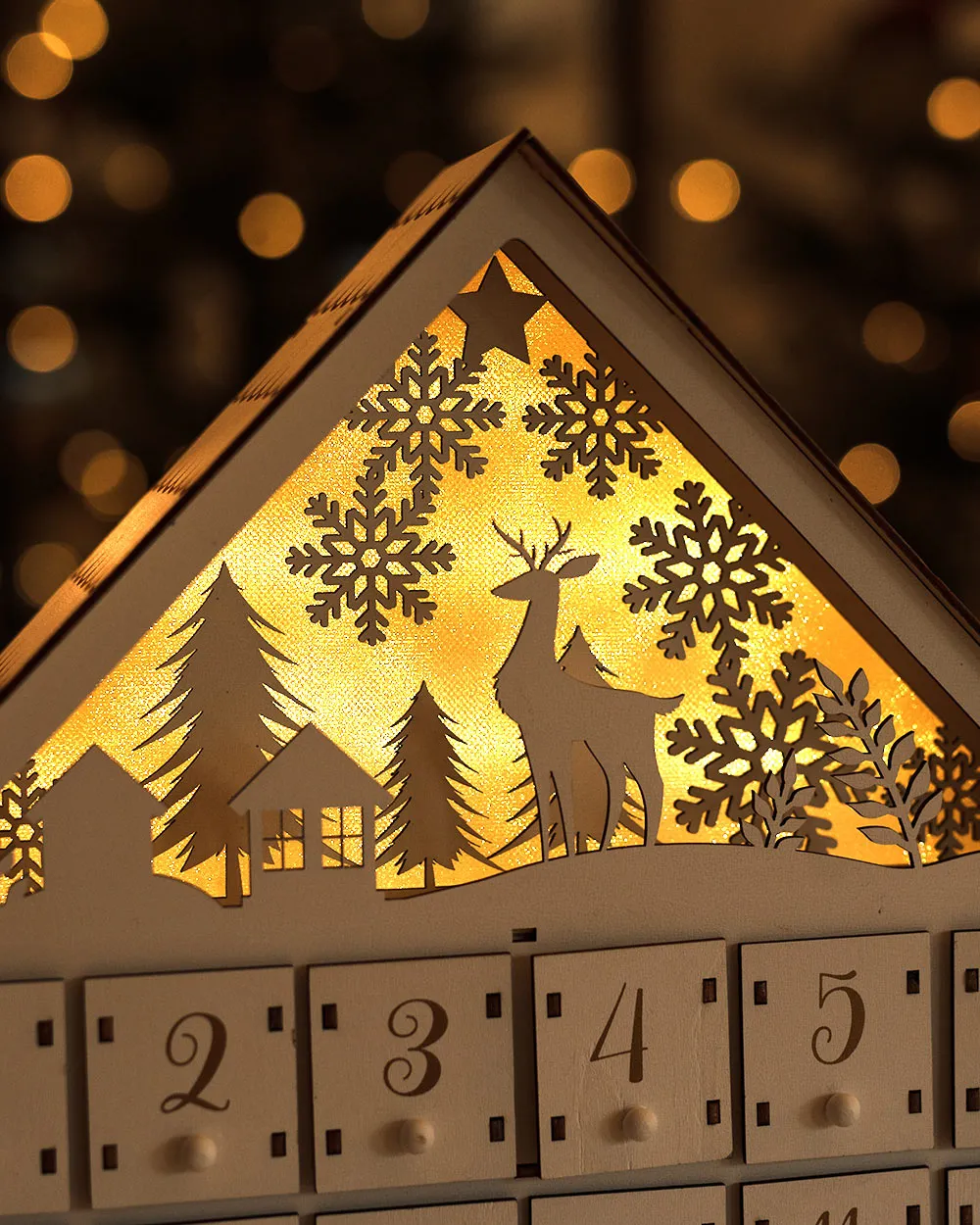 Wooden Advent Calendar LED Light Up Woodland Scene White