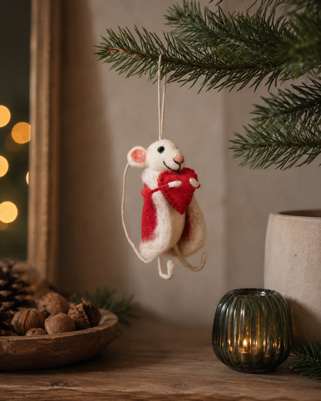 Wool Felt Christmas Mice with Red Jacket heart Ornament